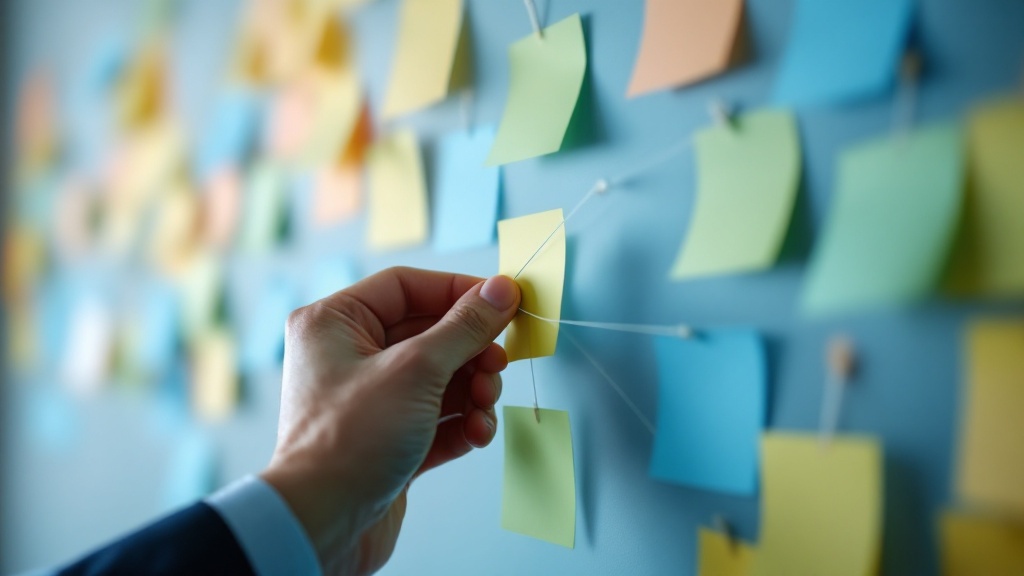 Hand connecting string between sticky notes to map project dependencies