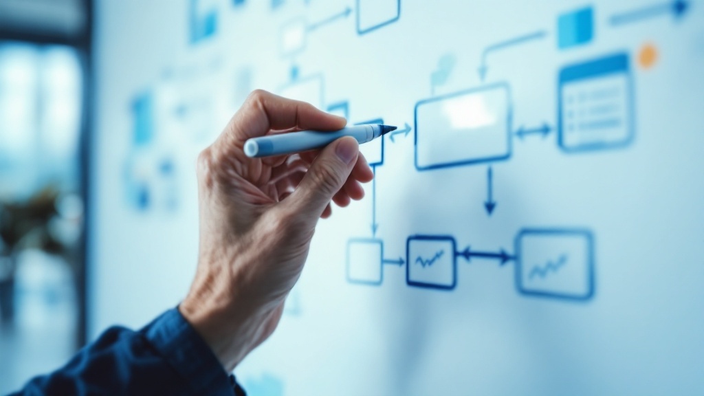 Hand drawing a process flow diagram with connected boxes on a whiteboard