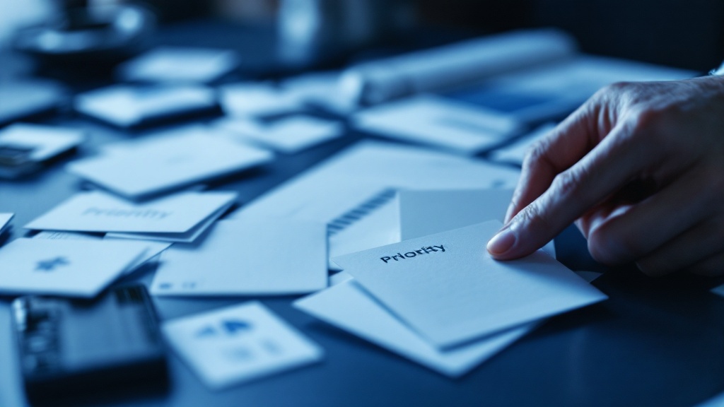 Hand sorting priority cards on a table during portfolio review