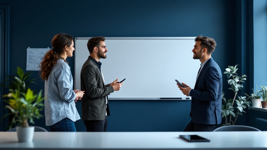 Small team standing for a daily stand-up meeting near a whiteboard
