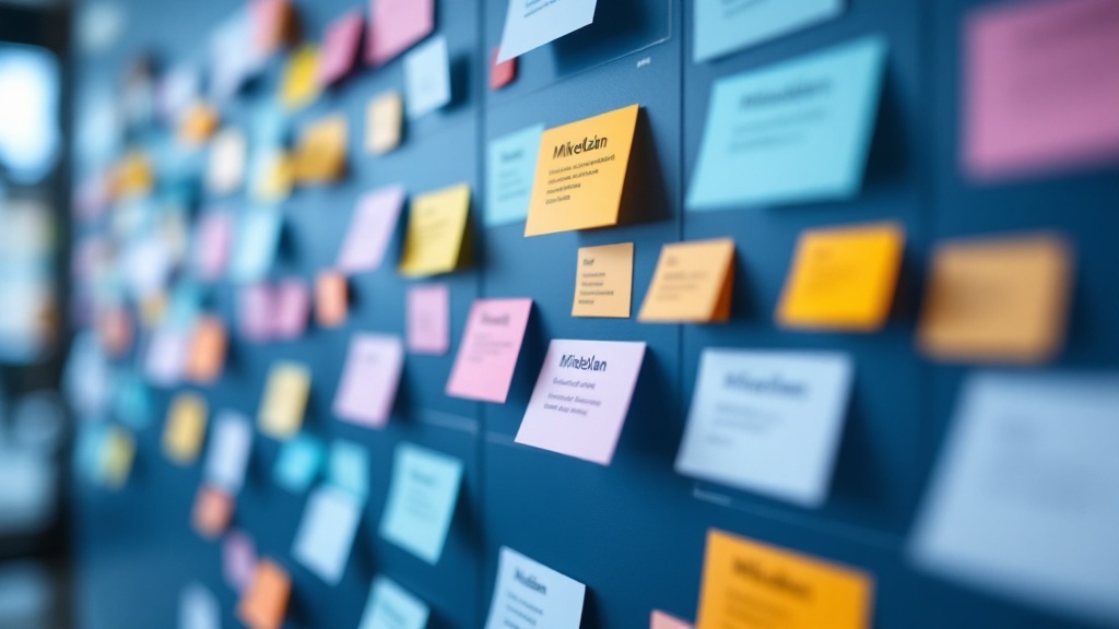 Wall-mounted kanban board with colored milestone tracking cards