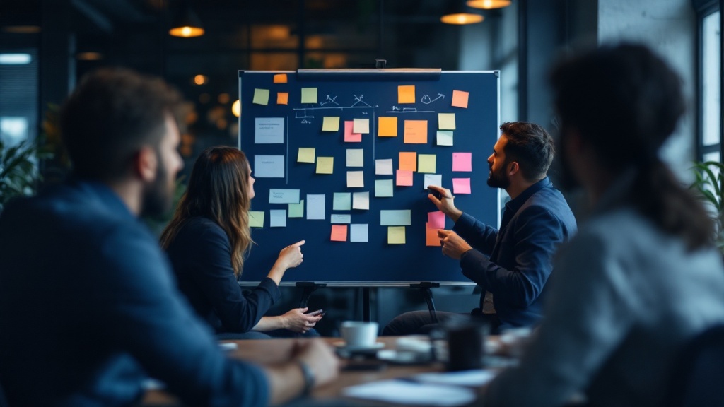 Team reviewing a printed retrospective board during a post-mortem session