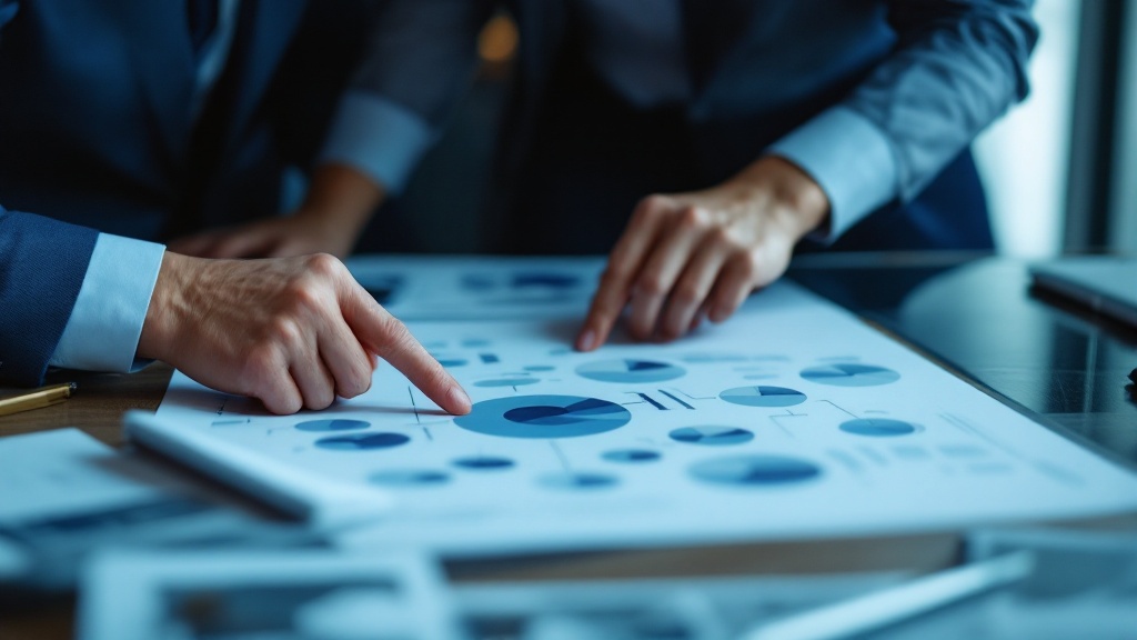 Two professionals discussing organizational charts at a table