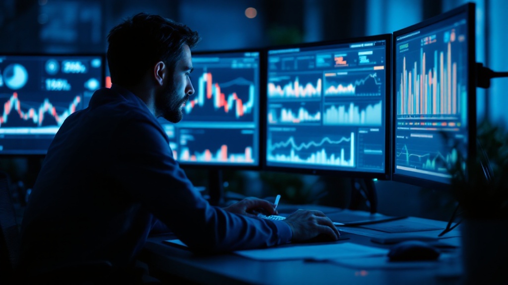 Financial analyst reviewing spreadsheet models across dual monitors