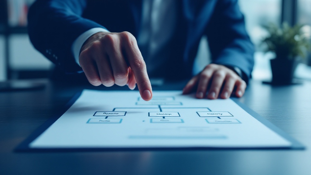 Hand pointing at a clearly labeled organizational role chart