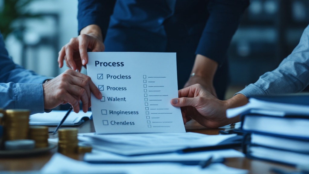 Team using a process checklist together at a desk