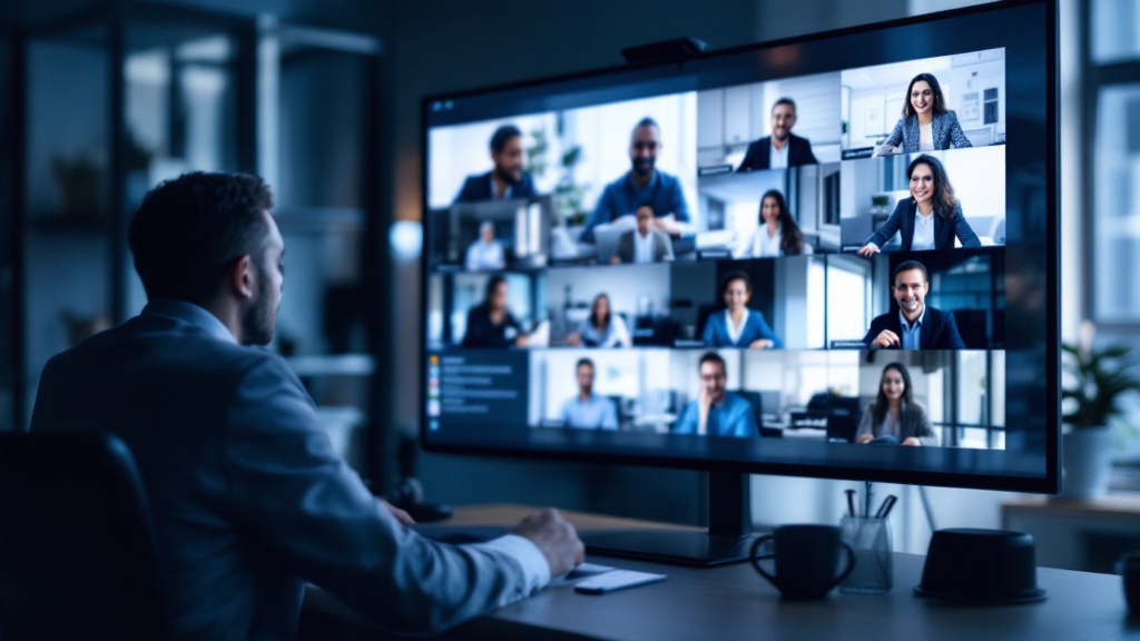 Professional on a video call with a distributed hybrid team