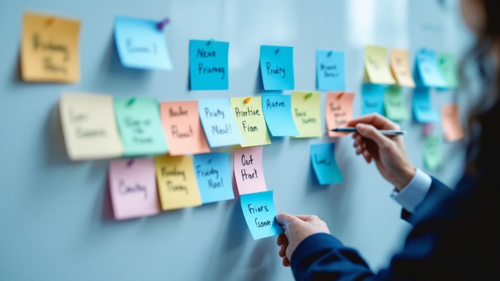 Professional prioritizing sticky notes on a whiteboard