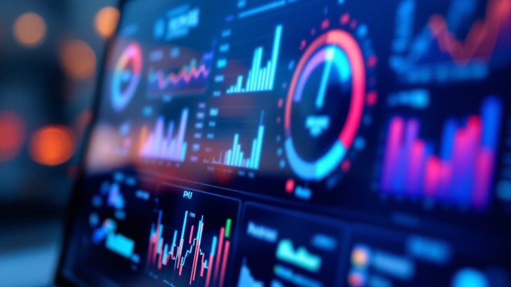 Dashboard screen showing KPI gauges and performance charts