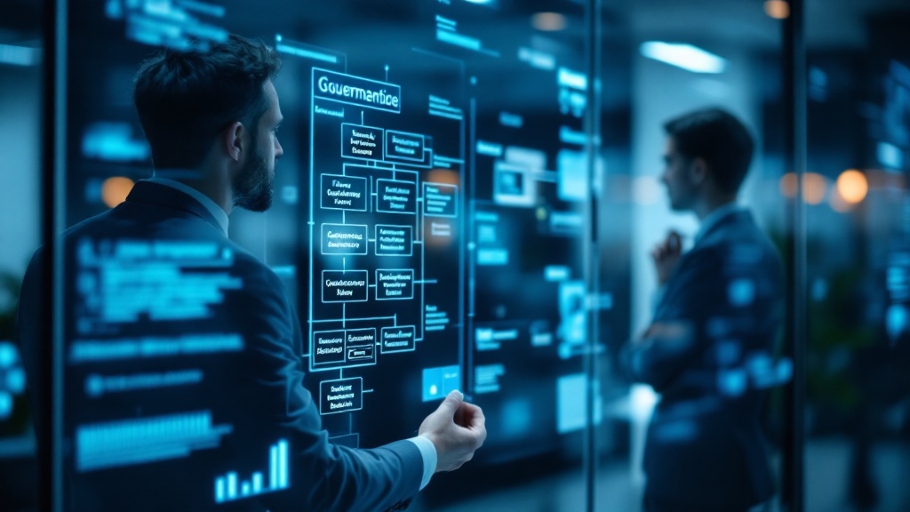 Professional reviewing a governance framework diagram on a glass wall
