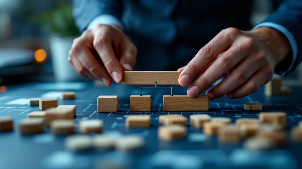 Hands rearranging organizational structure blocks on a table