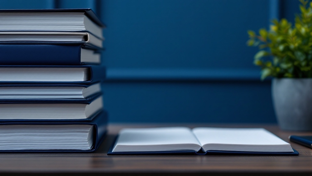 Stacked binders and folders next to a master ledger book