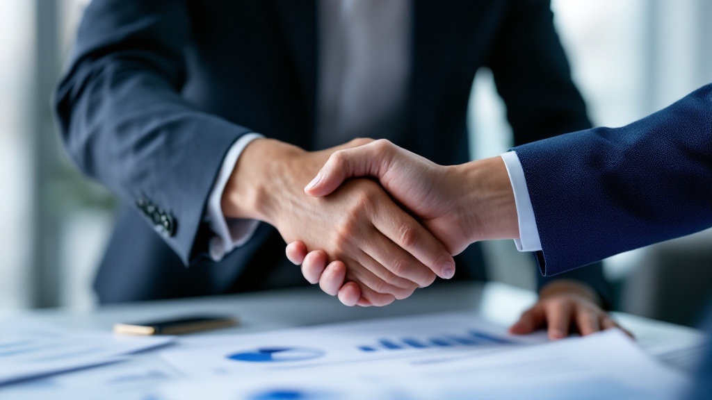 Finance and operations professionals shaking hands over a report
