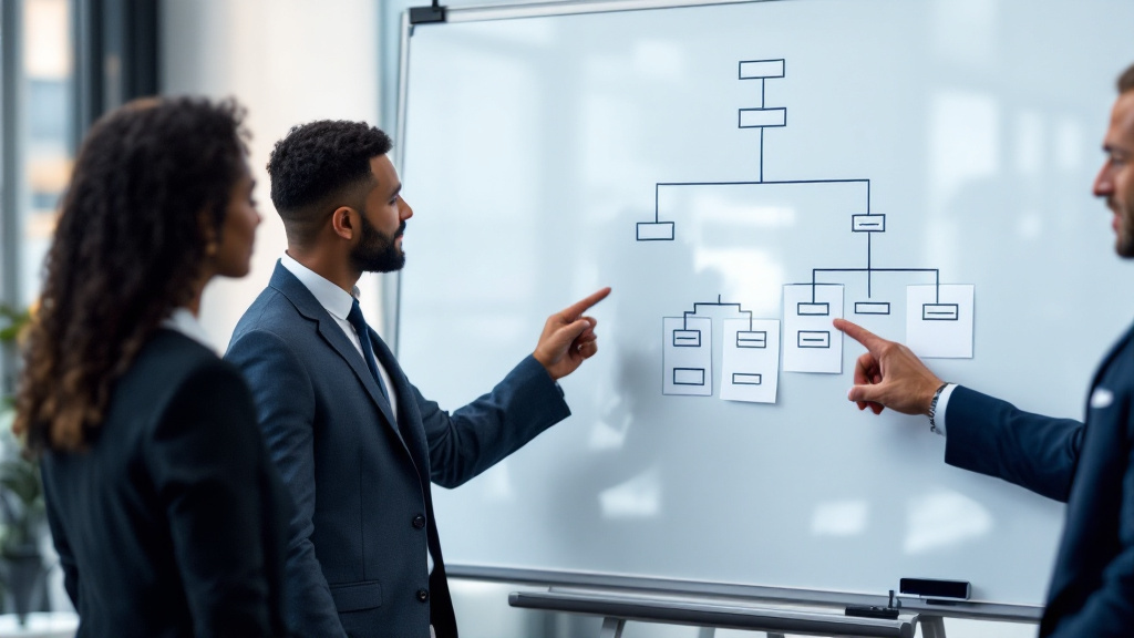 Two organizational structure diagrams compared on a whiteboard