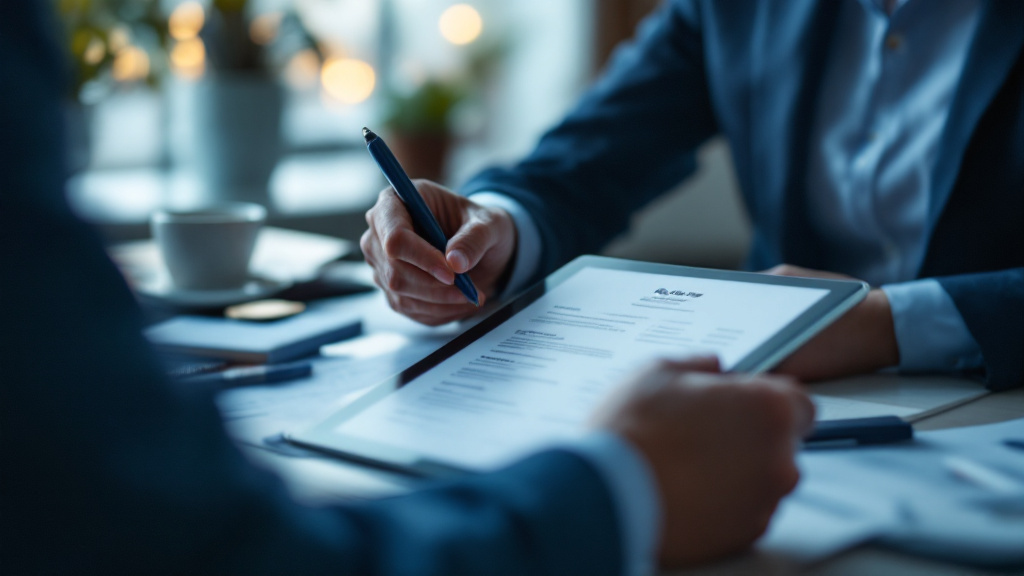 Professional reviewing a candidate resume on a tablet