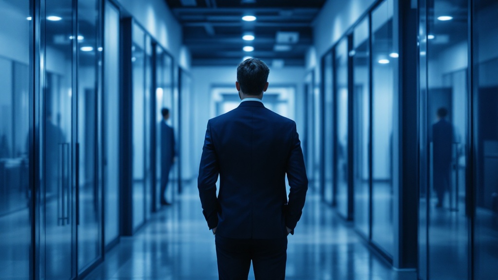 Professional standing at a fork between two office corridors