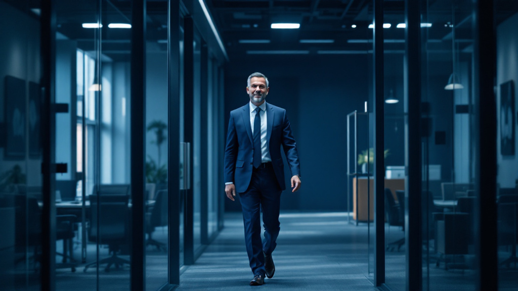 Confident senior professional walking into a modern boardroom