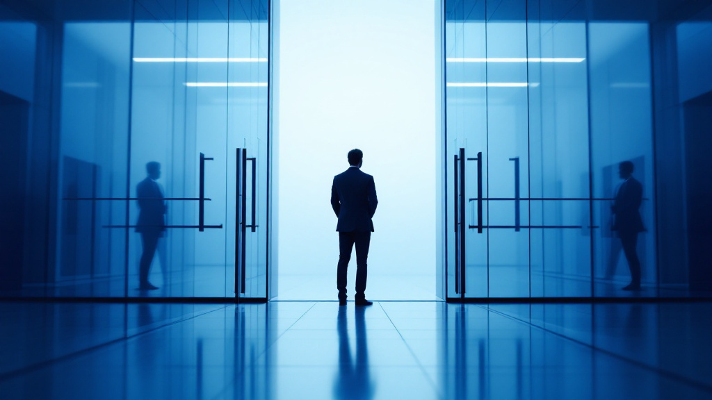 Professional standing at a fork between two glass office doors