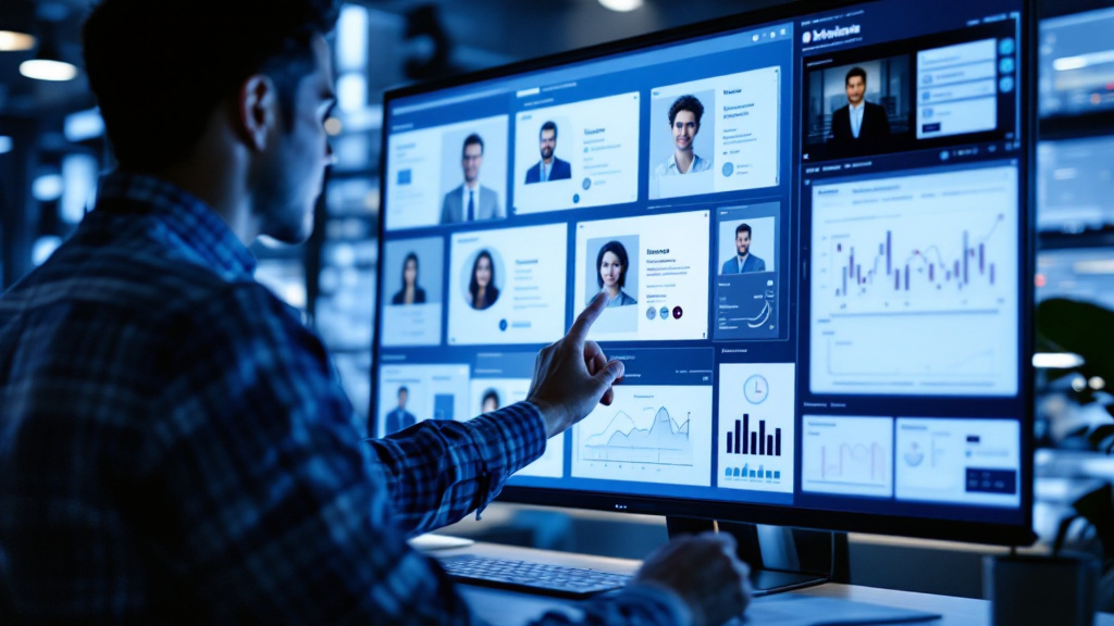 Recruiter reviewing multiple candidate profiles on a large screen